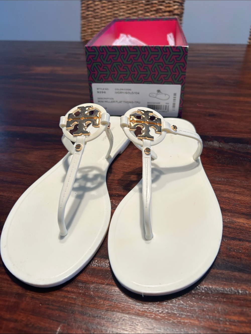 Tory Burch White Thong Sandals with Gold Logo Medallion